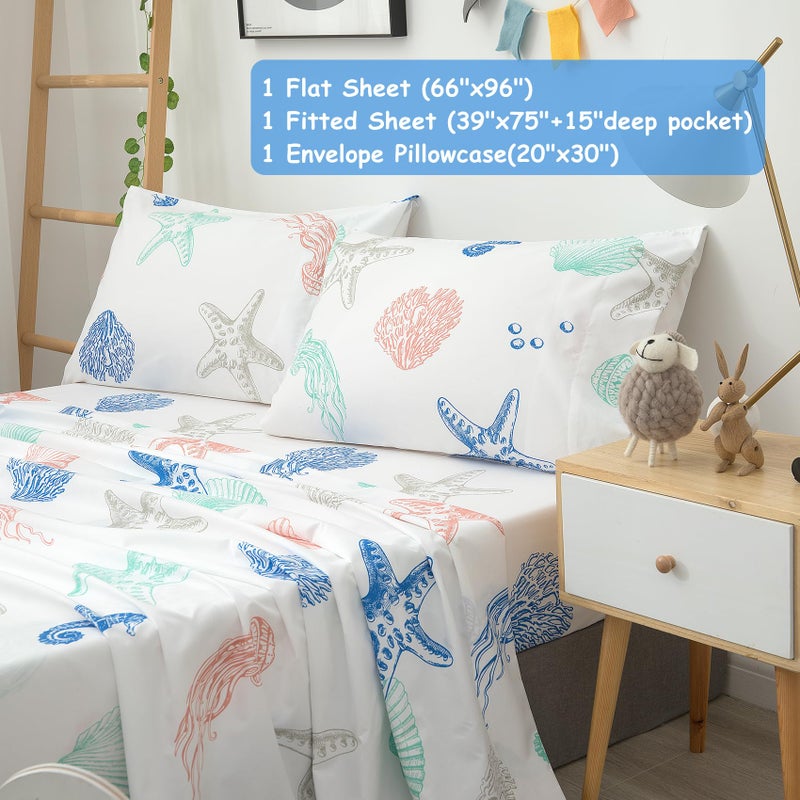 JSD مجموعة ملاءات أطفال بموضوع الشاطئ من JSD توين، 3 قطع نجمة البحر قنديل البحر ساحلي صيفي ملاءات سرير ميكروفايبر بجيب عميق - Image 3